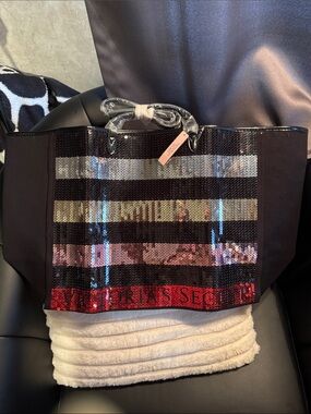 Victoria's Secret Black Tote with Multicolor Sequin Stripes